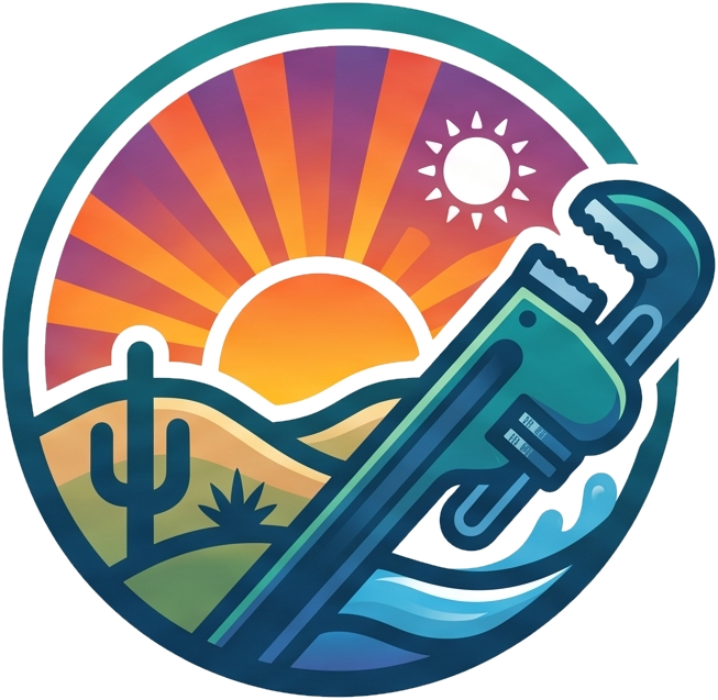 Tempe Plumbing Guys desert sunset logo with pipe wrench, on the Tempe Plumbing Guys home page
